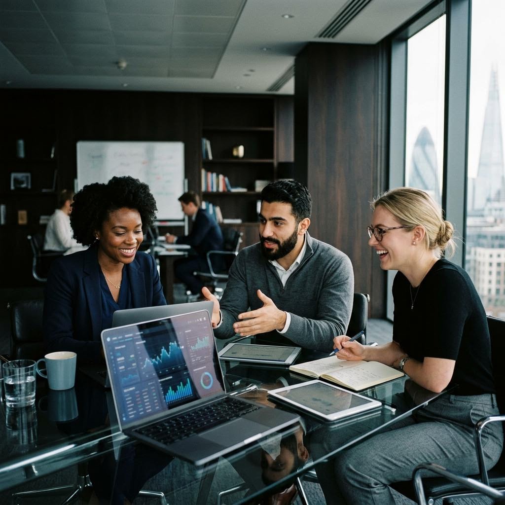 Team di analisti finanziari al lavoro sugli algoritmi
